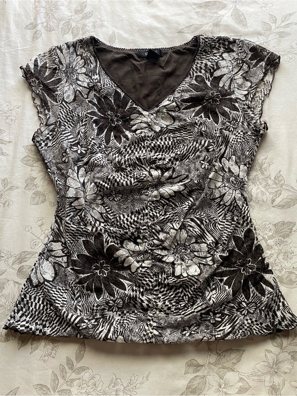 Vintage Y2K Brown Lace Floral Ruched Top Large‎ Fairycore Goblincore Cottagecore